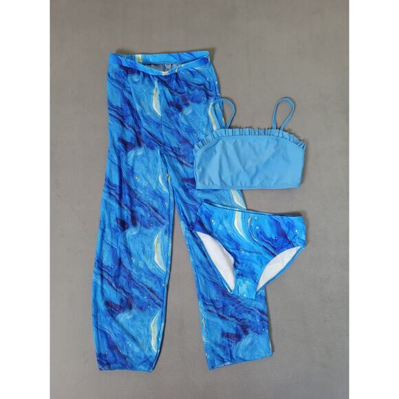 Girls Two Piece Bikini Swimsuit Set Bikini Top Bottoms And Coverup Pants 11-12yr - Picture 1 of 6